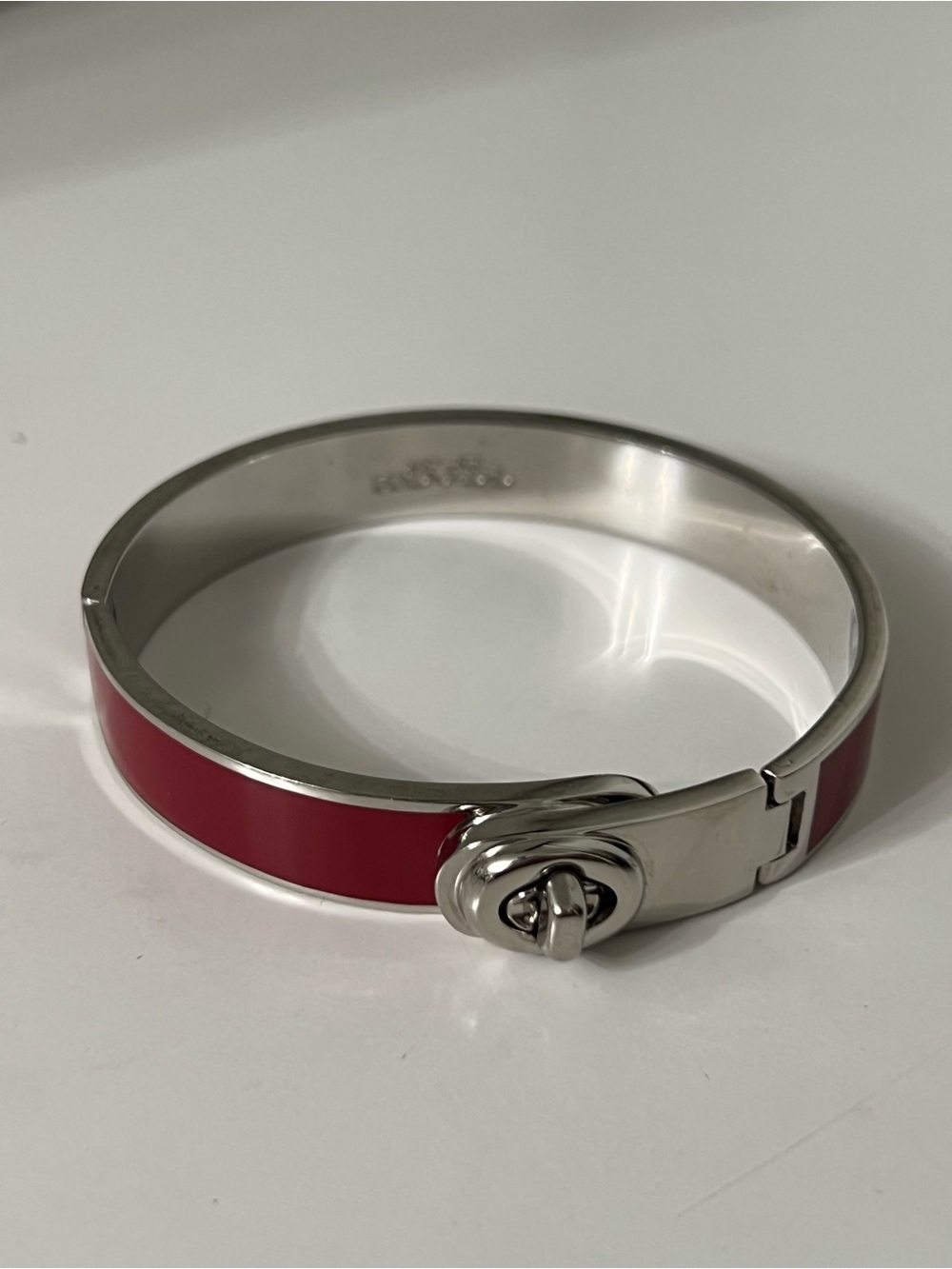 Coach Silver-Tone Bangle with Red Enamel Inlay